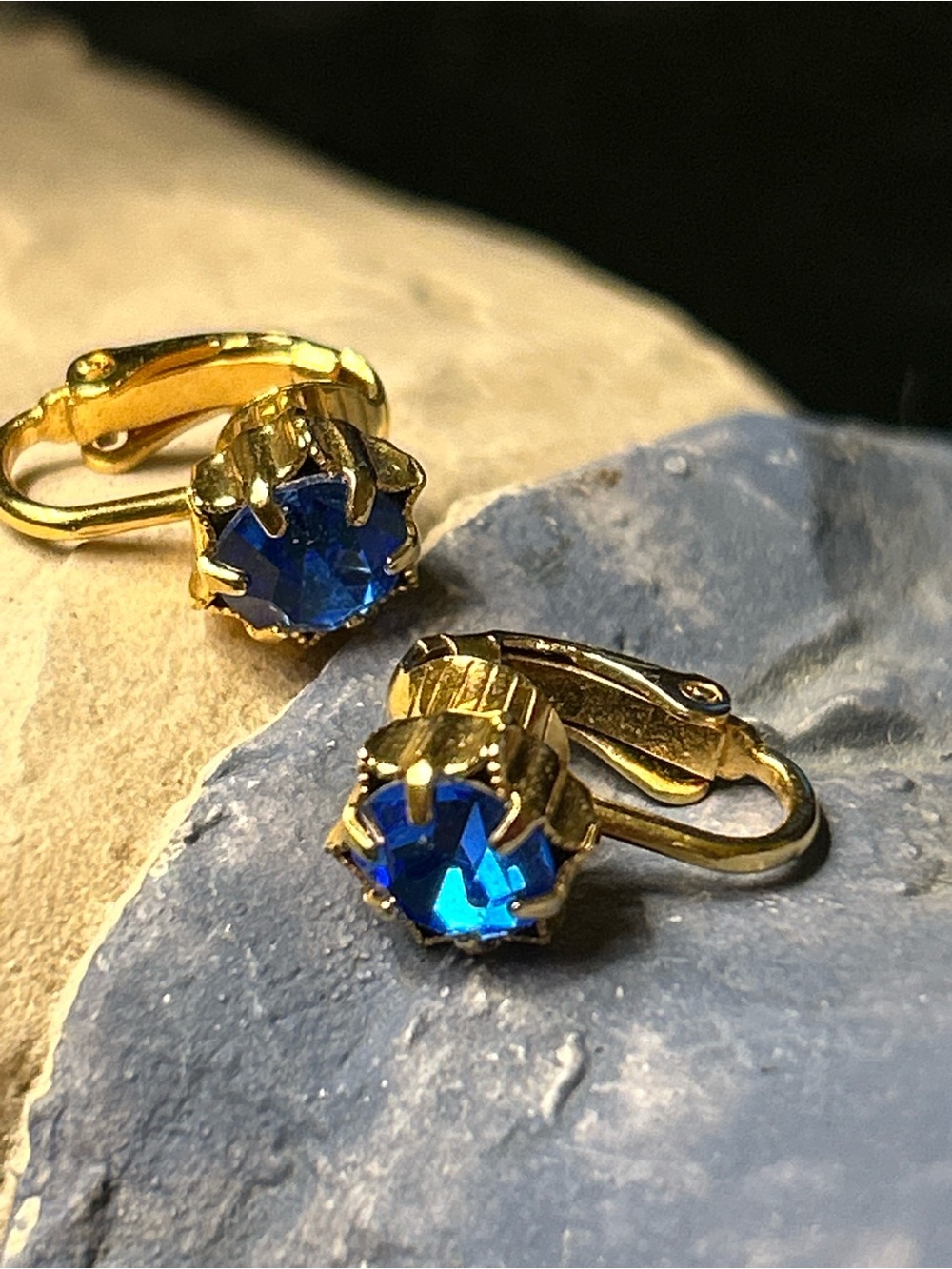 Vintage Gold-Tone Clip-On Earrings with Blue Crystal